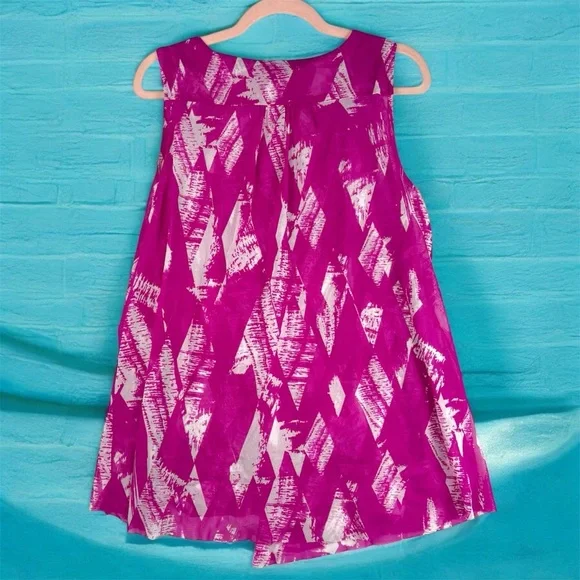 Alfani Sleeveless Artsy Pink Fuchsia Patterned Top Asymmetrical Hem Mesh Layers - Picture 2 of 7
